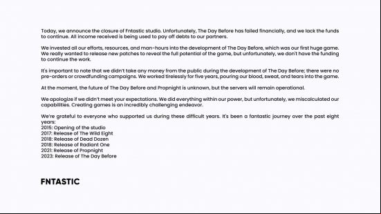 Fntastic's announcement of its closure.