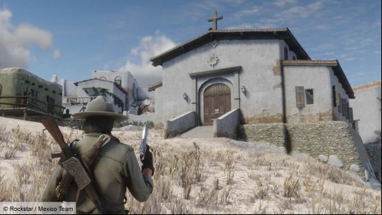 A cowboy looking up at a Mexican church in Red Dead Redemption 2's Mexico mod. 