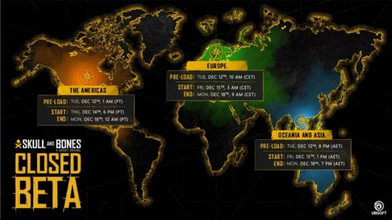 An infographic showing the times for the skull and bones closed beta in December 2023