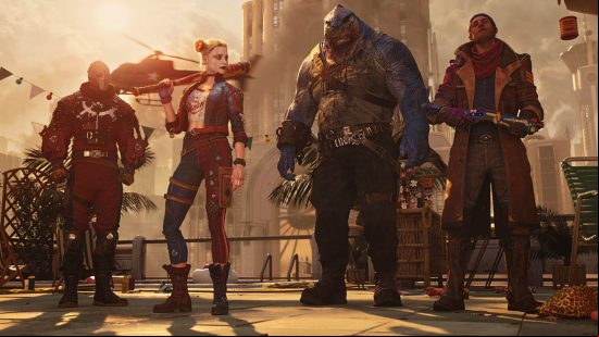 A collection of supervillains stand in a ruined city