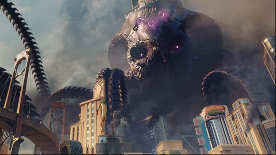 A huge alien monster with metallic tentacles destroys some buildings in a city area