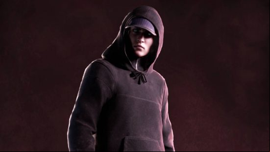 A young woman wearing a dirty hoodie with a baseball cap and hood up looks into the camera on a mysterious burgundy background