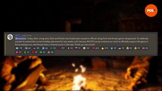 A comment from sdf on the Dark and Darker Discord discussing the game's new Korean rating