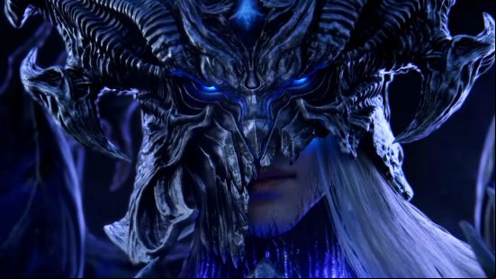 Lost Ark interview - Thaemine, a white-haired figure in a black and blue mask.