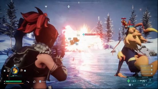 The main character is Palworld fighting against a Smelyx with their Pyrin Pal setting the Smelyx ablaze in the snow.