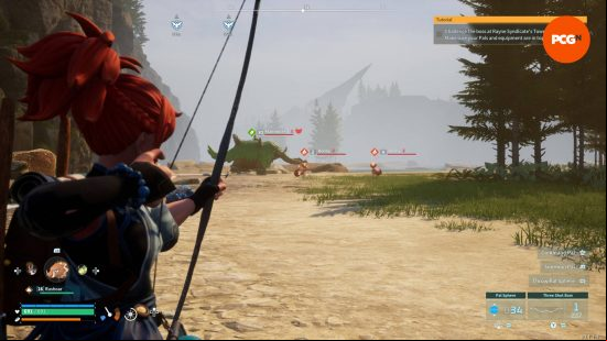 The trainer is about to fire arrows at the low level creatures ahead to level up fast in Palworld.