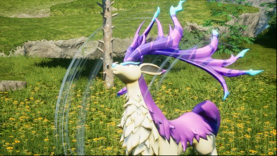 A huge stag creature with curved purple horns and a brown furry chest stands in a wooded area