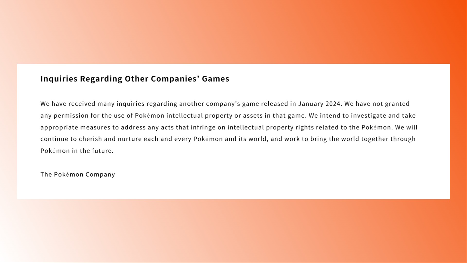 Palworld Pokemon Company investigation: A statement from The Pokemon Company about Steam survival game Palworld