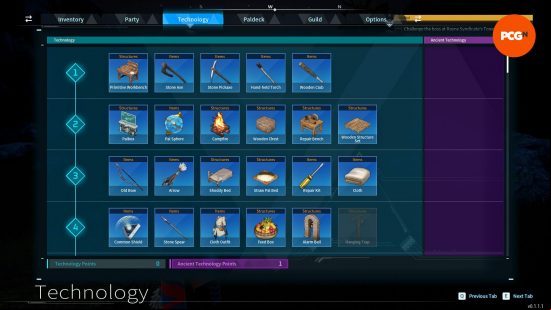 The Palworld Technology tree containing the various items and structures that can be unlocked with Palworld Technology points.