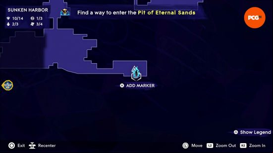 The map of Mount Qaf depicting the position of the Prince of Persia The Lost Crown Mystery Chest in the Sunken Harbor.