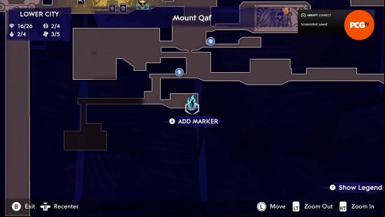 The map of Mount Qaf depicting the position of the Prince of Persia Spirited Sand Jar in the Lower City.