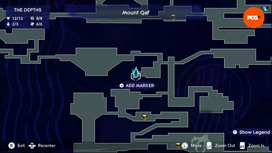 The map of Mount Qaf depicting the position of the Prince of Persia Spirited Sand Jar in The Depths.