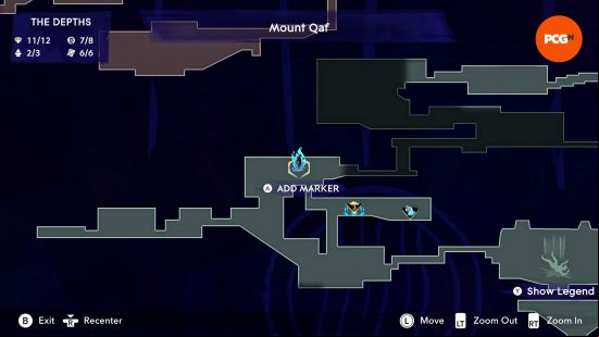 The map of Mount Qaf depicting the position of the Prince of Persia Spirited Sand Jar in The Depths.