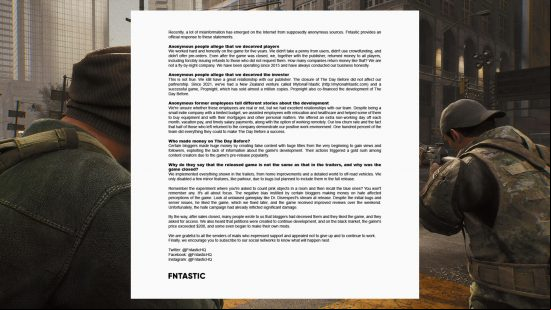 The Day Before Fntastic statement: a statement on A4 from Fntastic about The Day Before