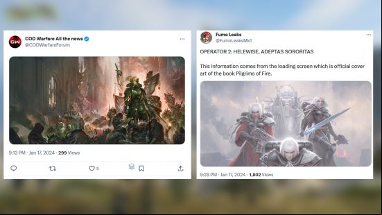 Images of two tweets, showing Warhammr 40K art found inside Call of Duty. 