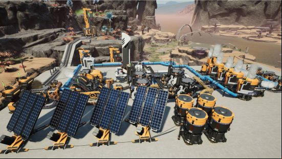 Best Satisfactory mods: a base made using the Satisfactory Plus mod, complete with solar s and more.