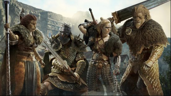 four warriors from dragons dogma 2 wearing different sets of armor