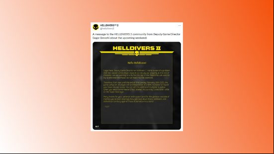 Helldivers 2 free bonus XP: Image of post describing bonus XP event in Helldivers 2.