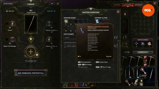 Last Epoch crafting: the player is crafting a spear and is contemplating replacing one shard with a Melee Lightning Damage affix.
