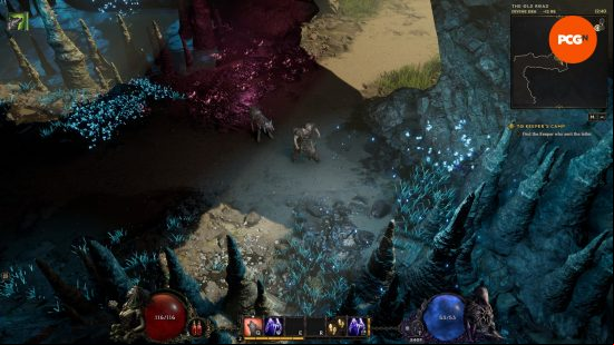 Last Epoch Cursed Veteran's Boots location - A Primalist and his wolf look at a row of stalagmites near a cave entrance.