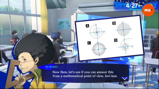 Persona 3 Reload classroom answers: Ms. Miyahara is asking Iori a question about spirals with four options.