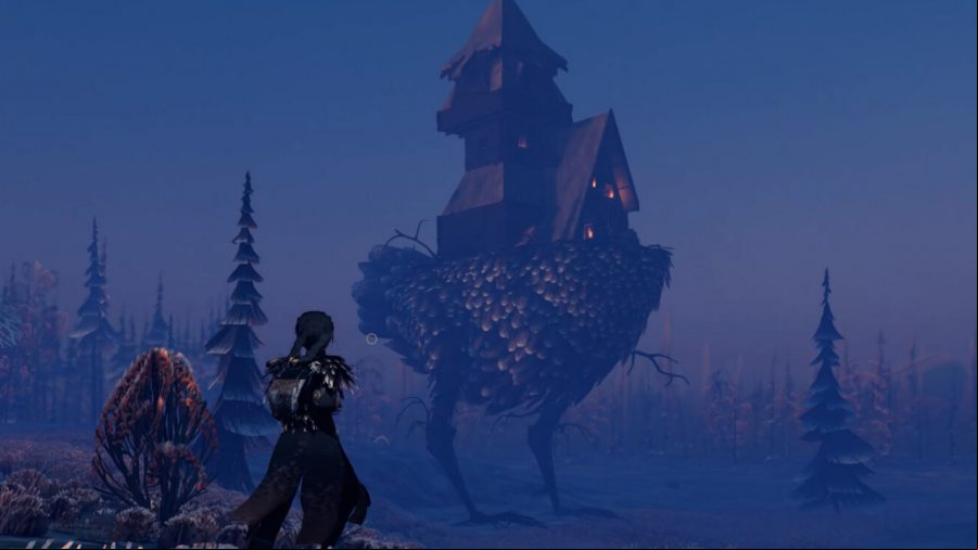 Reka - a young woman looks out at a house standing atop a pair of giant chicken legs, in the midst of a forest.