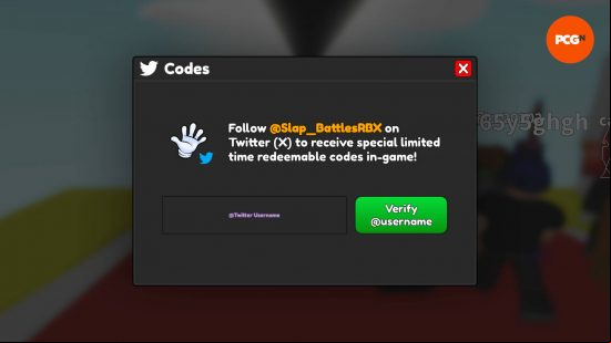 The Slap Battles codes redeem screen. You need to  your Twitter  before you can enter codes.