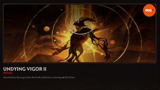 The in-game encyclopedia entry for Undying Vigor II, one of the best Solium Infernum Rituals.