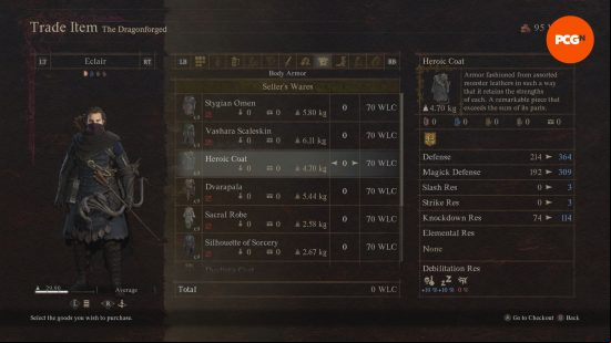 Dragon's Dogma 2 armor: a menu of items available for sale, including some armor for combat.