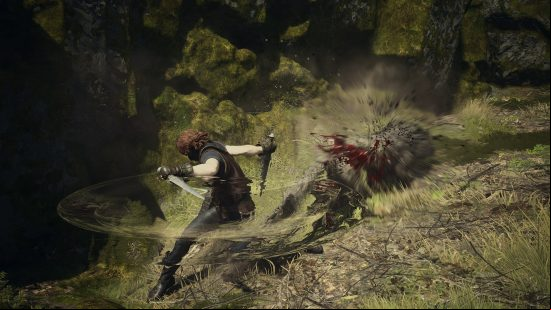 Dragon's Dogma 2 nameless village: a theif attacks a wolf using daggers.