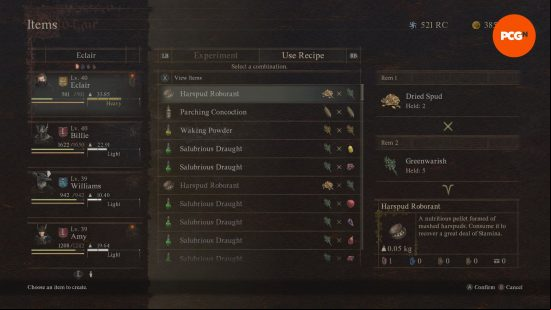 Dragon's Dogma 2 crafting: a videogame menu showing all combinations of different ingredients.