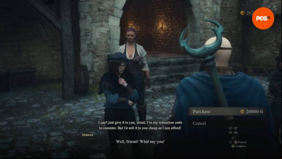 The Arisen is speaking with Mildred about purchasing a Dragon's Dogma 2 house in Vernworth. The pawn towers over her.