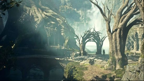 Dragon's Dogma 2 map: The Sacred Arbor, characterized by intricate stone structures built into the undergrowth.