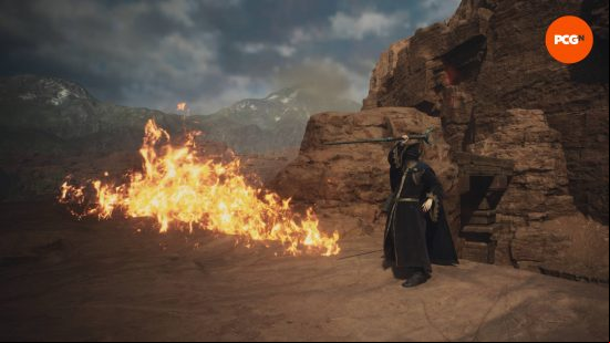The Salamander Dragon's Dogma 2 Sorcerer skill blazes the ground with flames.