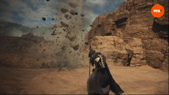 The ground is erupting from the shock of the Dragon's Dogma 2 Sorcerer skills, namely Seism.