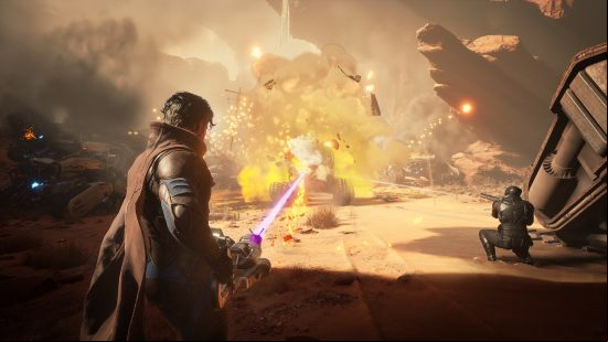 Dune Awakening preview: a man holds a huge lazergun in both hands, spewing purple lazers from its spout.