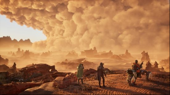 Dune Awakening preview: a group of travelers look on at an approaching sandstorm.