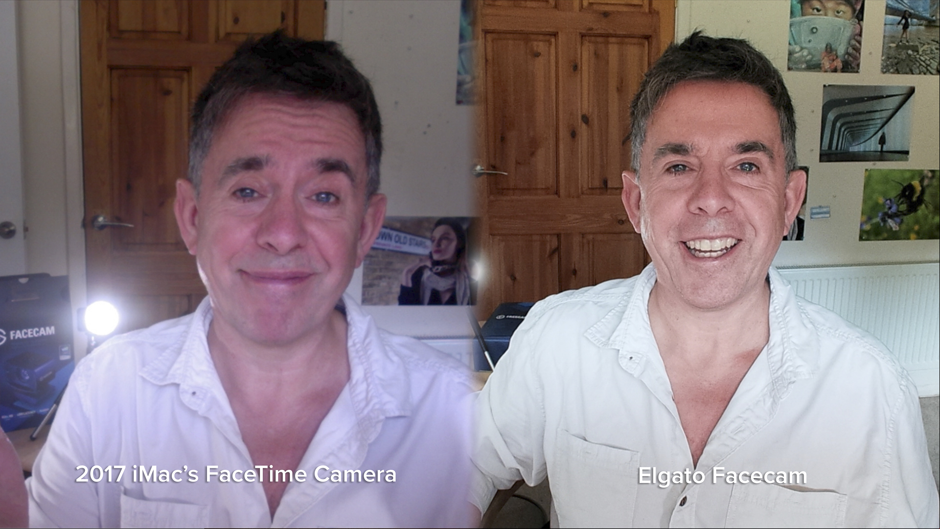 Elgato Facecam revuew image showing two pictures of renowned reviewer, George Carins, once through an older webcam, and once with the Elgato Facecam, which looks significantly better.