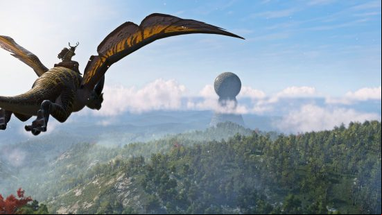 Light No Fire release date: A player on a dragon mount glides over the landscape towards a strange monolith on the horizon.