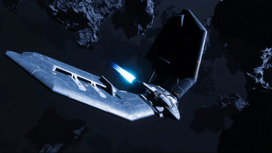 Remnant Protocol - A spaceship flies between rocky asteroids.