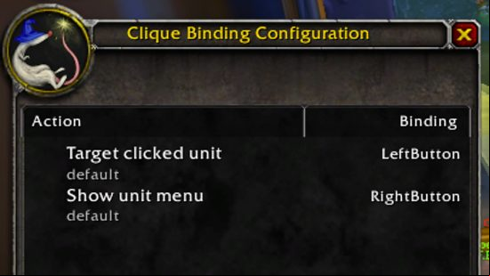 The configuration settings for Clique, one of the best WoW addons.