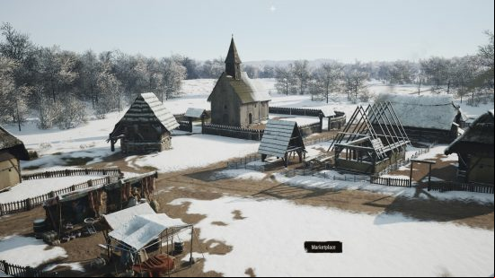 Manor Lords early access review: a small medieval town with a church, several houses, and a merchant stall during winter.