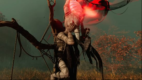 Nightingale developer talks to Epic about increasing build limits - A figure tied to a tree-like structure.
