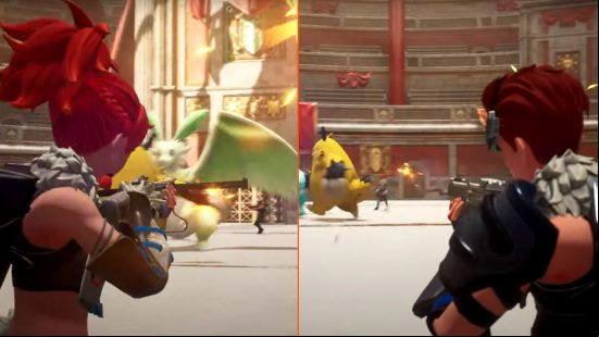 A side-by-side image of two players going head-to-head in third-person Palword Arena mode.