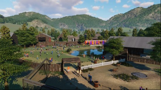 A screenshot from the  Planet Zoo DLC which shows a large petting zoo filled with people and creatures.