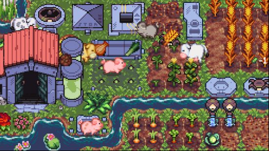 A screenshot from Rusty's Retirement which shows a bustling farm, filled with pixel animals.
