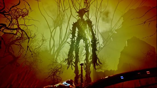 The Axis Unseen preview: A tree-like cryptid stands stationary in a forest choked by poison fog.