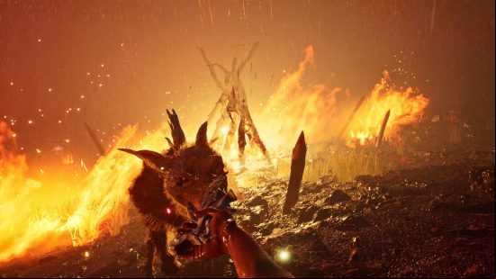 The Axis Unseen preview: THe hunter strikes out with his knife as a werewolf attacks through a haze of fire and rain.