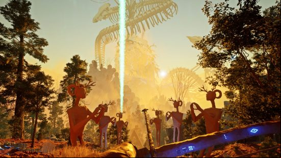 The Axis Unseen preview: The landscape stretched out ahead, characterized by a row of humanoid statues, an enormous skeletal structure, and a beam of light stretching into the sky.