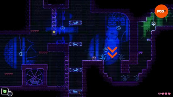 an arrow pointing toward the location of the wheel item in animal well